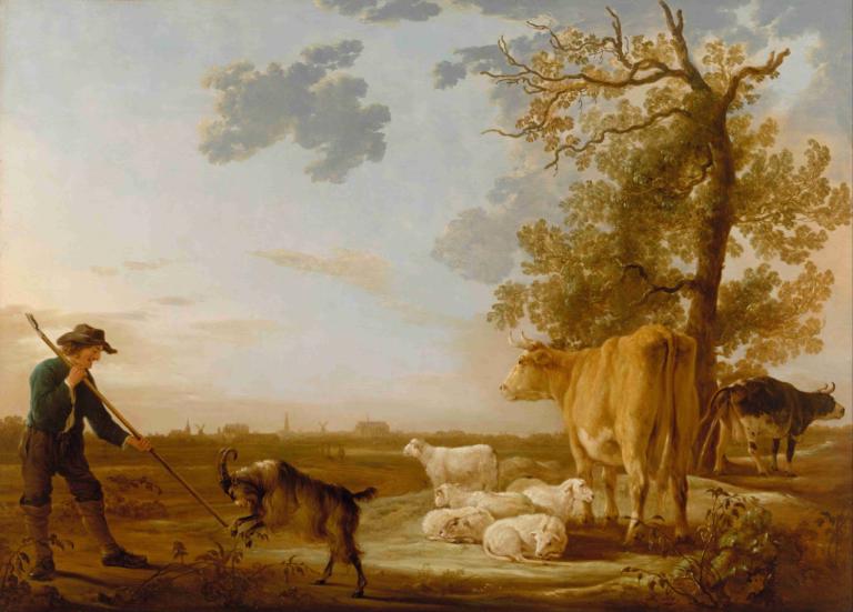 Landscape with cattle,소가 있는 풍경,Aelbert Cuyp,오일 페인팅,오일 페인팅, 1남, 나무, 옥외, 모자, 남성 집중, 하늘, 구름, 보유, 독주, 잔디, 무기, 개