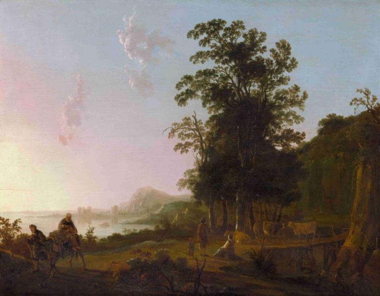 Landscape with the Flight into Egypt,エジプトへの逃避行のある風景,Aelbert Cuyp,エルベルト・キュイプ,油絵,油絵, 木, 景色, 屋外, 空, 複数の男の子, 雲, 馬