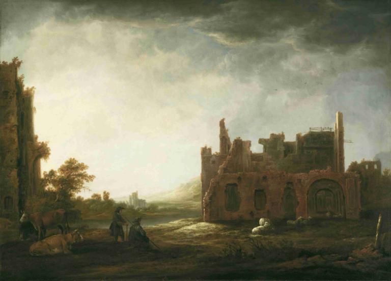 Landscape with the Ruins of Rijnsburg Abbey,ラインスブルク修道院跡のある風景,Aelbert Cuyp,エルベルト・キュイプ,油絵,油絵, 景色, 雲, 木, 屋外, 空