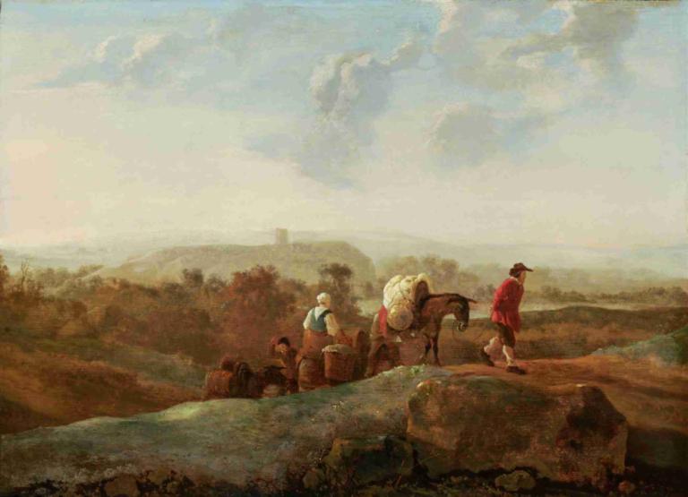 Migrating Peasants in a Southern Landscape,南部の風景における農民の移動,Aelbert Cuyp,エルベルト・キュイプ,油絵,油絵, 屋外, 帽子, 空, 景色, 雲