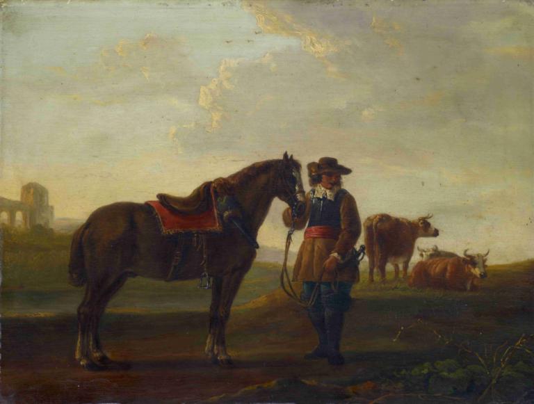 Officer with Horse,馬を連れた警官,Aelbert Cuyp,エルベルト・キュイプ,油絵,油絵, 馬, 帽子, 屋外, 男の子1人, 男性の焦点, 乗馬, 武器, 手綱, ホールディング, ブーツ