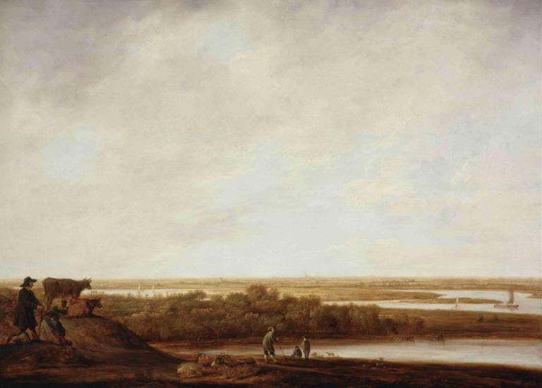 Panoramic Landscape with Shepherds,羊飼いのいるパノラマ風景,Aelbert Cuyp,エルベルト・キュイプ,油絵,油絵, 屋外, 景色, 空, 雲, 複数の男の子, 犬, 帽子