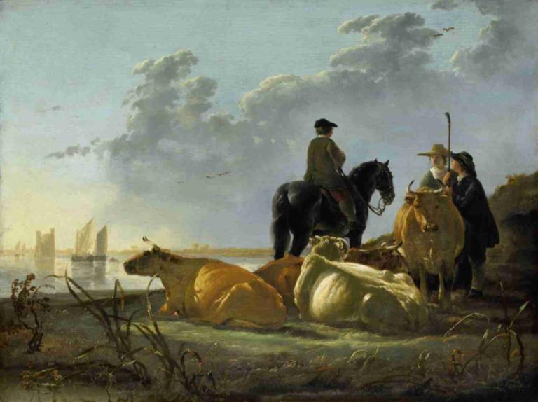 Peasants and Cattle by the River Merwede,メルウェデ川沿いの農民と牛,Aelbert Cuyp,エルベルト・キュイプ,油絵,油絵, 馬, 複数の男の子, 帽子, 雲, 武器