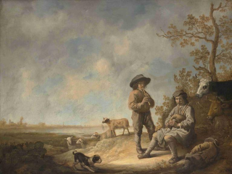 Piping Shepherds,パイピング・シェパード,Aelbert Cuyp,エルベルト・キュイプ,油絵,油絵, 犬, 木, 楽器, 美術パロディ, 楽器を演奏する, 屋外, 音楽, 帽子, 複数の男の子