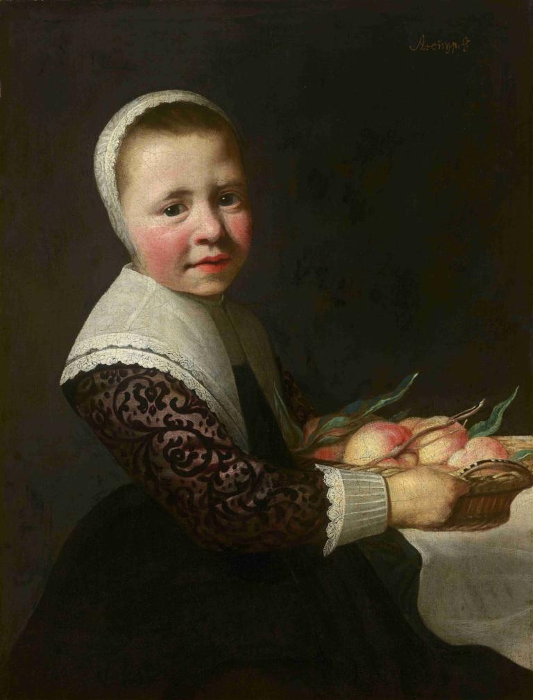 Portrait of a Girl with Peaches,Aelbert Cuyp,Oil Painting,Oil Painting, solo, realistic, fine art parody