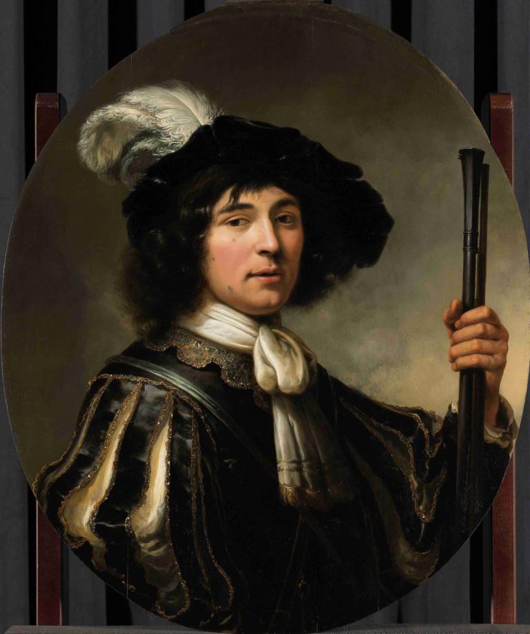 Portrait of a Young Man,Aelbert Cuyp,Oil Painting,Oil Painting, solo, realistic, black hair, hat, 1girl