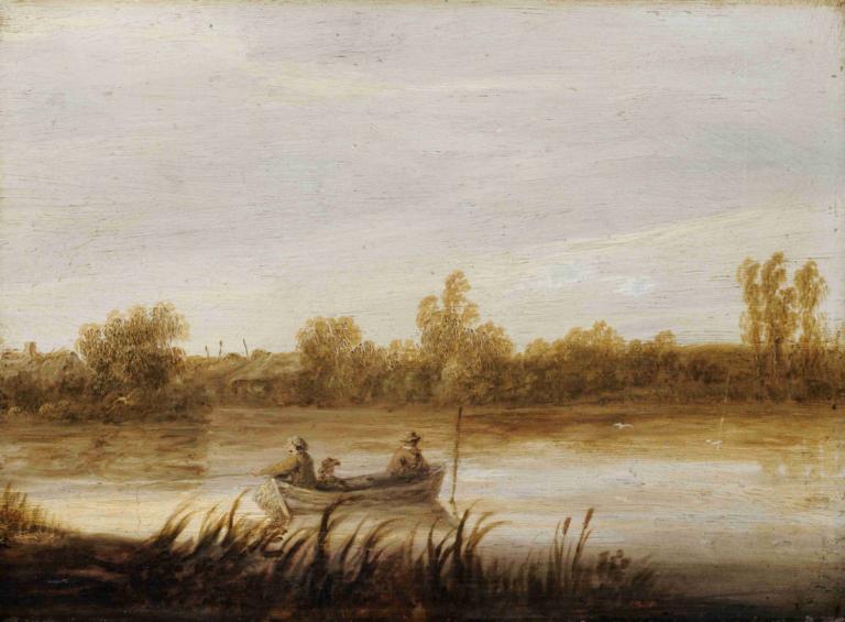 River Landscape With Fishermen In A Boat,Aelbert Cuyp,Oil Painting,Oil Painting, watercraft, boat, outdoors