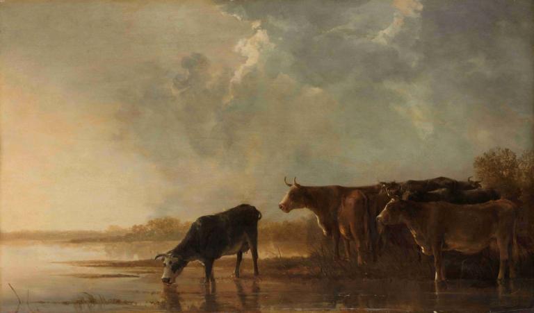 River Landscape with Cows,Aelbert Cuyp,Oil Painting,Oil Painting, cloud, outdoors, horse, no humans, sky