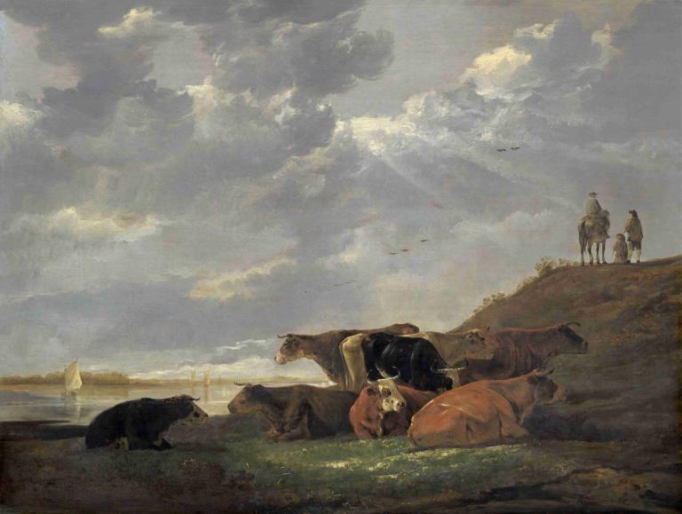 River Landscape with Cows,Aelbert Cuyp,Oil Painting,Oil Painting, cloud, outdoors, sky, scenery, horse