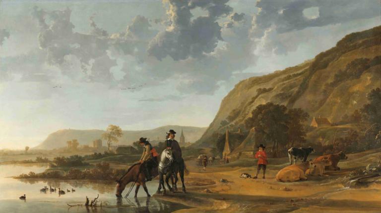 River Landscape with Riders,Aelbert Cuyp,Oil Painting,Oil Painting, horse, outdoors, hat, cloud