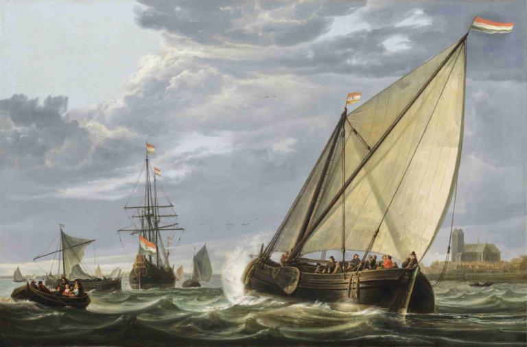 Shipping on the Maas, Dordrecht,Aelbert Cuyp,Oil Painting,Oil Painting, watercraft, ship, ocean, cloud