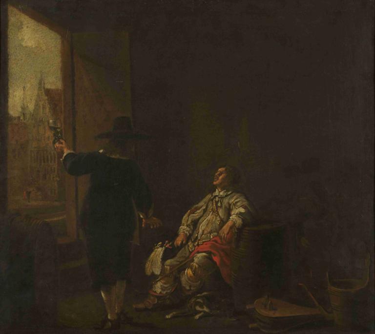 Tasting the Wine,Aelbert Cuyp,Oil Painting,Oil Painting, 2boys, hat, multiple boys, male focus, dark, gun