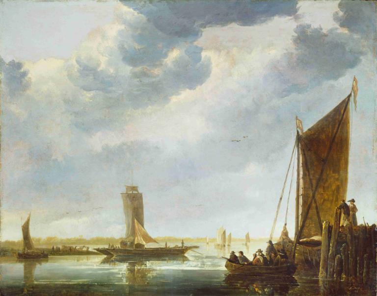 The Ferry Boat,Aelbert Cuyp,Oil Painting,Oil Painting, scenery, watercraft, sky, cloud, outdoors, boat, water