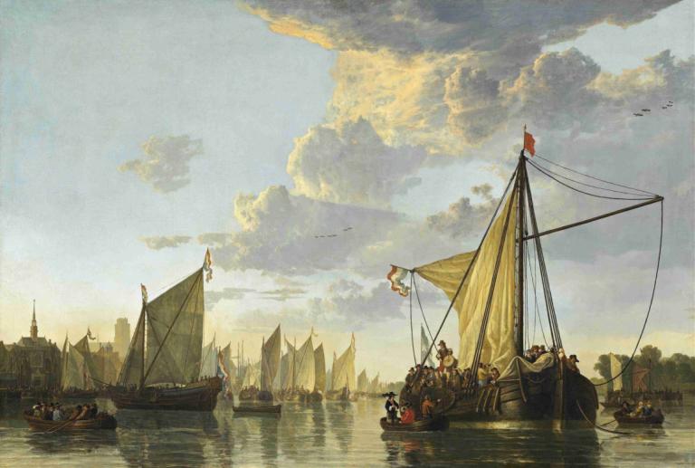 The Maas at Dordrecht,Maas di Dordrecht,Aelbert Cuyp,Lukisan cat minyak,Lukisan cat minyak, perahu, kapal