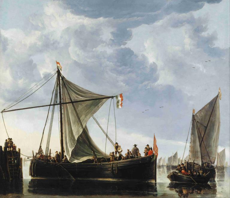 The Passage Boat,Aelbert Cuyp,Lukisan cat minyak,Lukisan cat minyak, perahu, awan, langit, pemandangan, kapal