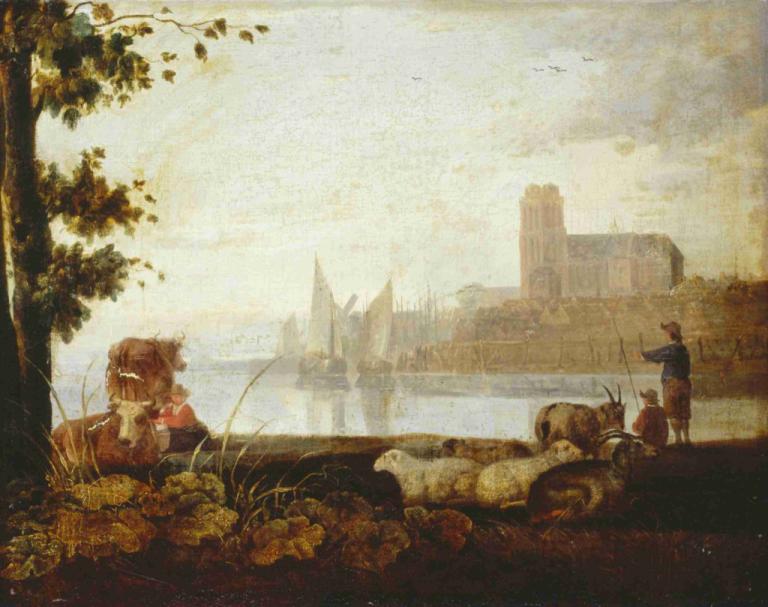 View on the Maas,Pemandangan di Maas,Aelbert Cuyp,Lukisan cat minyak,Lukisan cat minyak, pohon, pemandangan