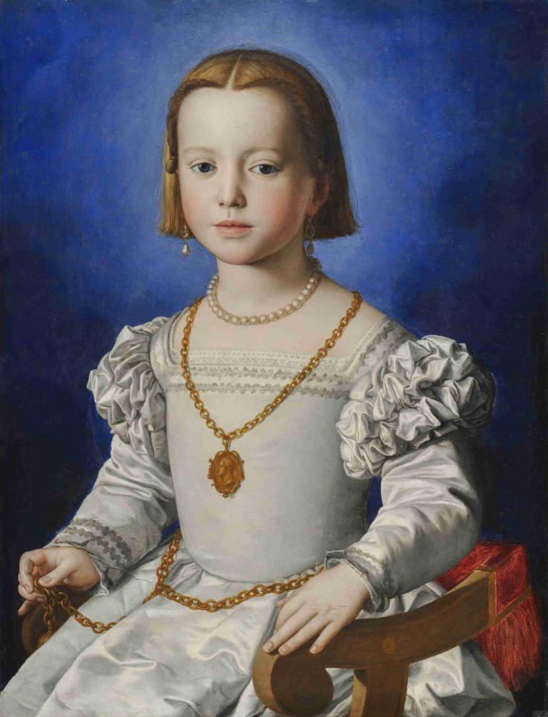 Bia Di Cosimo De‘ Medici,비아 디 코시모 데 메디치,Agnolo Bronzino,아그놀로 브론지노,오일 페인팅,오일 페인팅, 여자 1명, 독주, 보석류, 현실적인, 의자