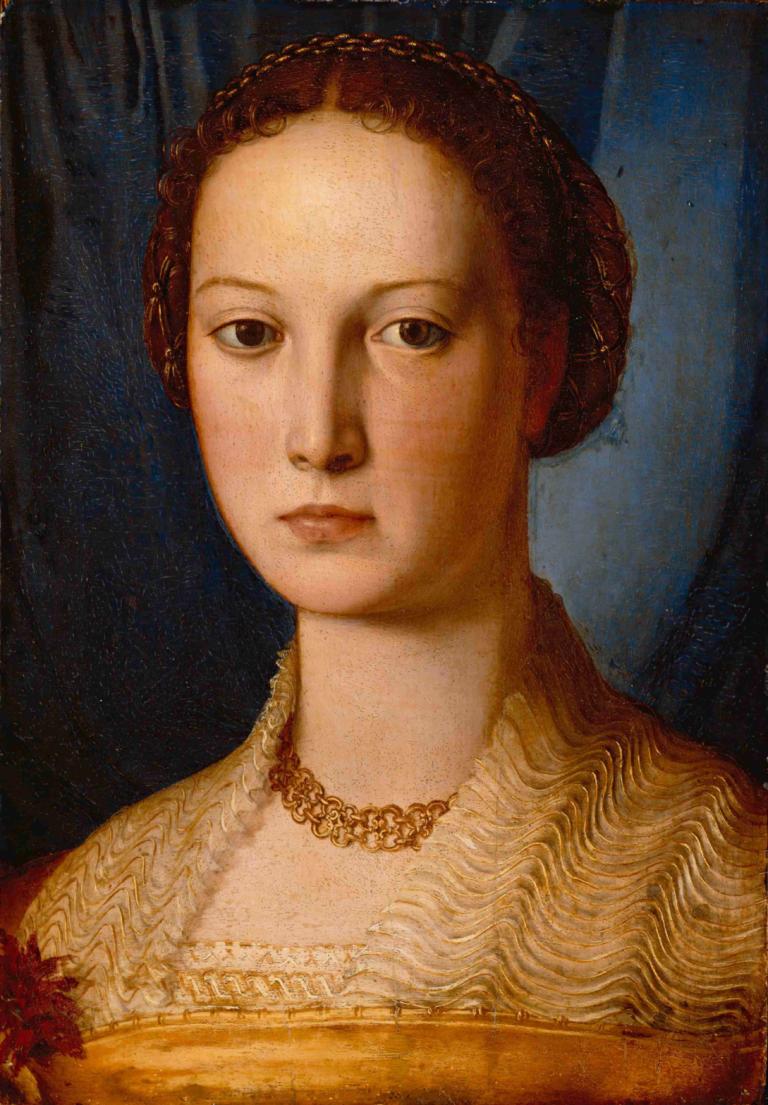 Costanza Da Sommaia,科斯坦薩·達·索馬亞,Agnolo Bronzino,油畫,油畫, 1個女孩, 獨奏, 美術模仿, 珠寶, 實際的, 棕色的頭髮, 項鍊, 黑眼睛, 看著觀眾, 戲仿, 上半身