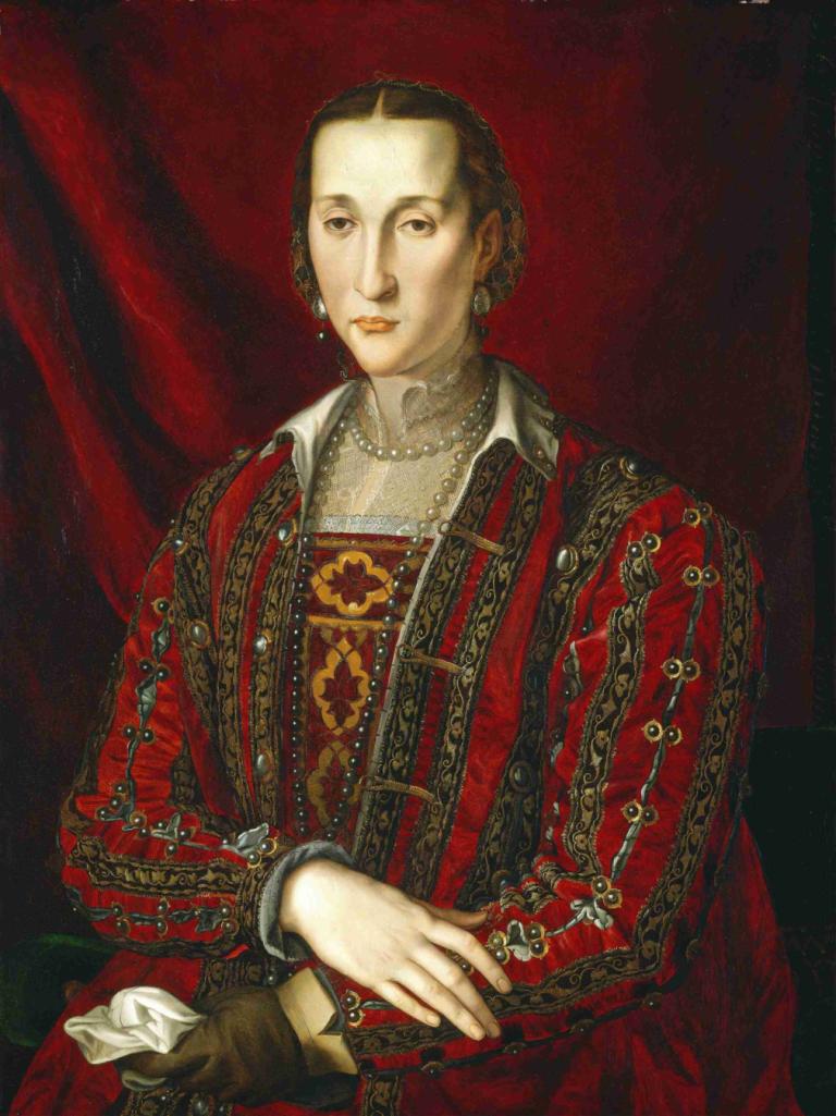 Eleonora di Toledo,托莱多的埃莉诺,Agnolo Bronzino,阿格诺罗-布朗齐诺,油画,油画, 独奏, 珠宝, 项链, 实际的, 1个女孩, 手套, 长袖, 耳环, 棕色的头发, 男性焦点