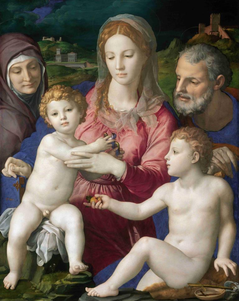 Holy Family with St. Anne and the Infant St. John,圣安妮和圣约翰婴儿的神圣家庭,Agnolo Bronzino,阿格诺罗-布朗齐诺,油画,油画, 美术模仿, 多个男孩