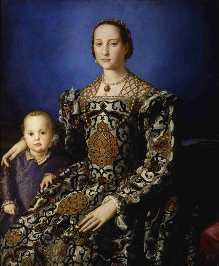 Portrait Of Eleanor Of Toledo With Her Son Giovanni De' Medici,託萊多的埃莉諾和她的兒子喬瓦尼·德·美第奇的合影,Agnolo Bronzino,油畫,油畫