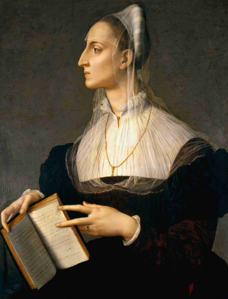 Portrait Of Laura Battiferri,Agnolo Bronzino,Oil Painting,Oil Painting, solo, realistic, book, jewelry