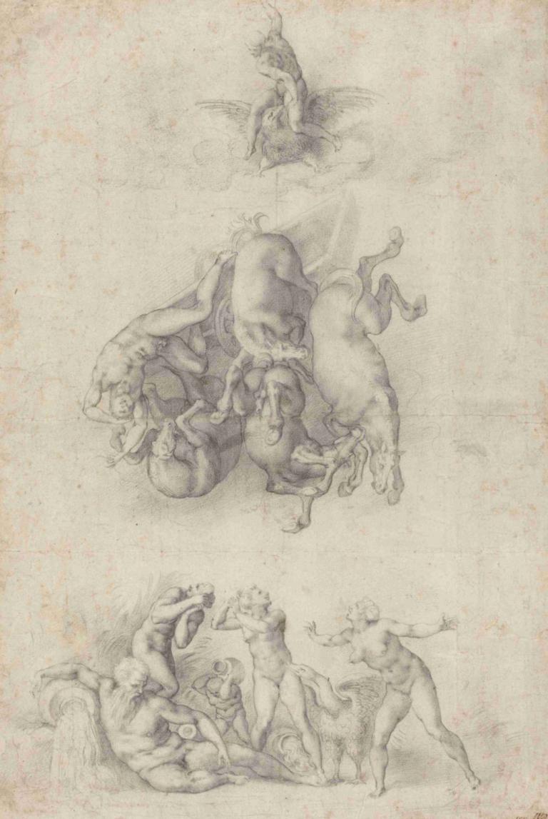 The Fall of Phaethon,Agnolo Bronzino,Sketch,Sketch, monochrome, dog, breasts, 1girl, nipples, animal, nude