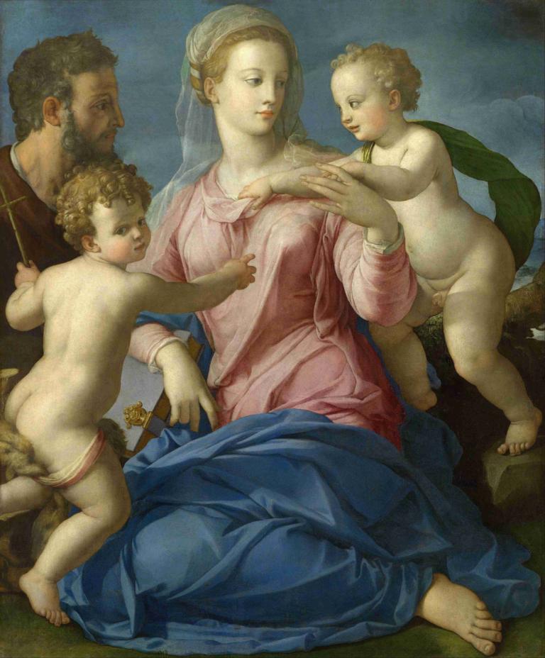 The Holy Family with the Infant Saint John the Baptist,聖家與嬰兒施洗者聖約翰,Agnolo Bronzino,油畫,油畫, 美術模仿, 多個男孩, 戲仿, 嬰兒