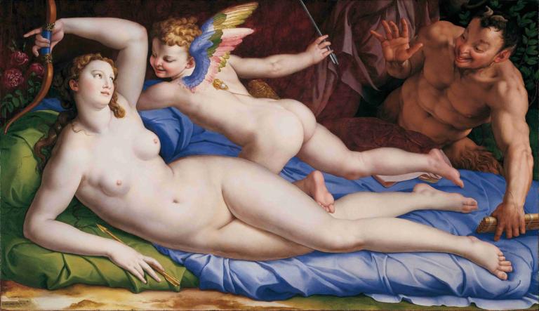 Venus, Cupid And Satyr,維納斯、丘位元和薩蒂爾,Agnolo Bronzino,油畫,油畫, 美術模仿, 裸體, 乳頭, 乳房, 赤腳, 金髮, 臍, 保持, 說謊, 一邊, 翅膀, 武器