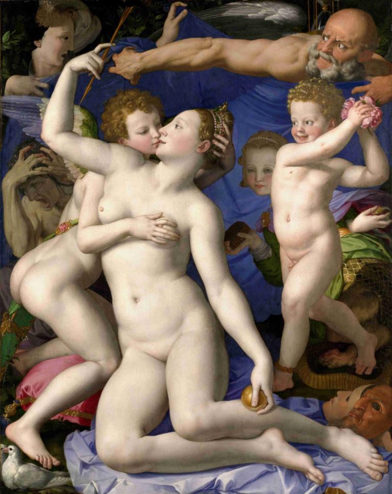 Venus, Cupid, Folly and Time,Agnolo Bronzino,Oil Painting,Oil Painting, fine art parody, multiple boys, fruit