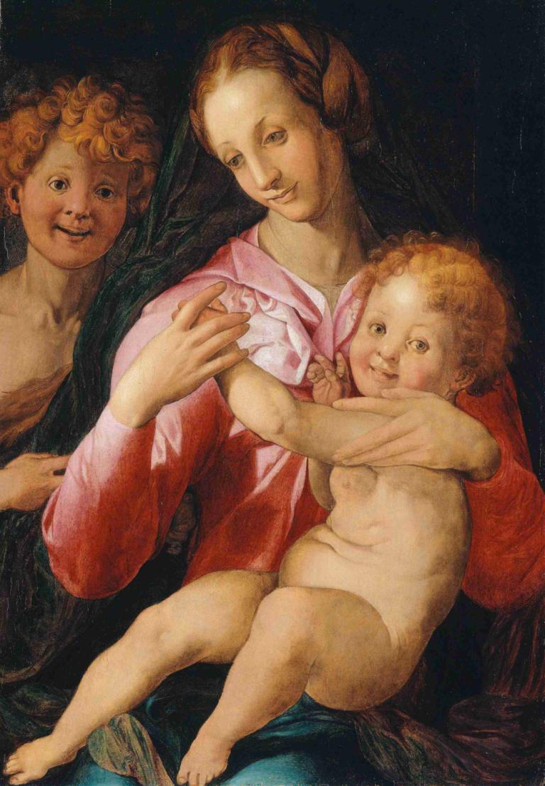 Virgin and Child with the Young Saint John the Baptist,聖母與童女與年輕的施洗者聖約翰,Agnolo Bronzino,油畫,油畫, 美術模仿, 嬰兒, 1個女孩