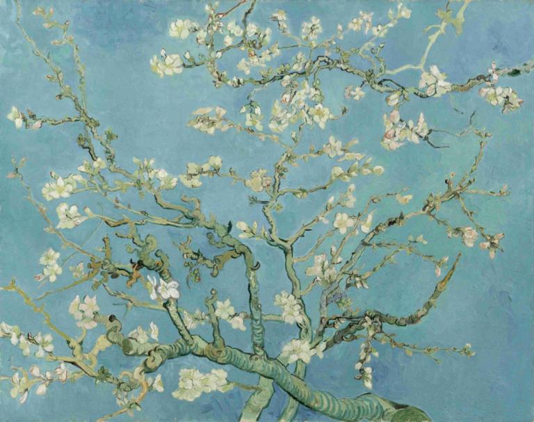 Almond Blossom,Albert Anker,Oil Painting,Oil Painting, branch, tree, flower, no humans, blue background