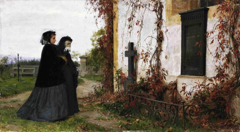 At The Cemetery,Albert Anker,Oil Painting,Oil Painting, outdoors, black hair, dress, black dress, 2girls