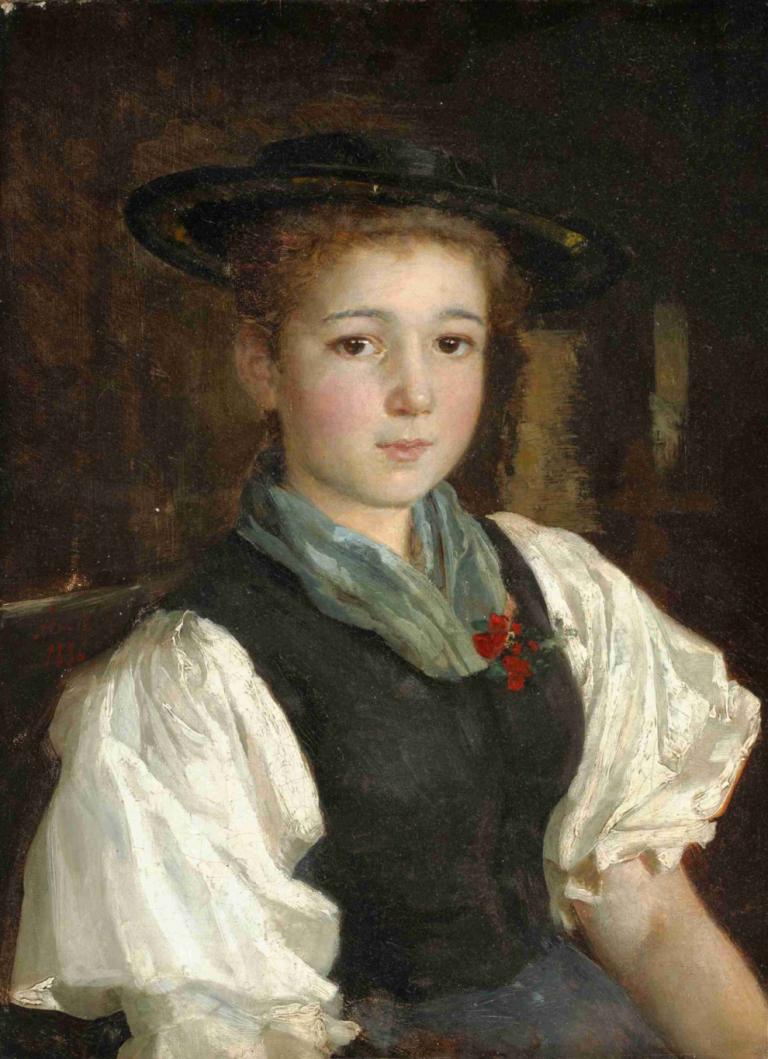 Bauernmädchen (Farm Girl),ファームガール,Albert Anker,アルバート・アンカー,油絵,油絵, ソロ, 1女の子, 美術パロディ, 帽子, 半袖, 視聴者を見ている, ふくらみのある袖