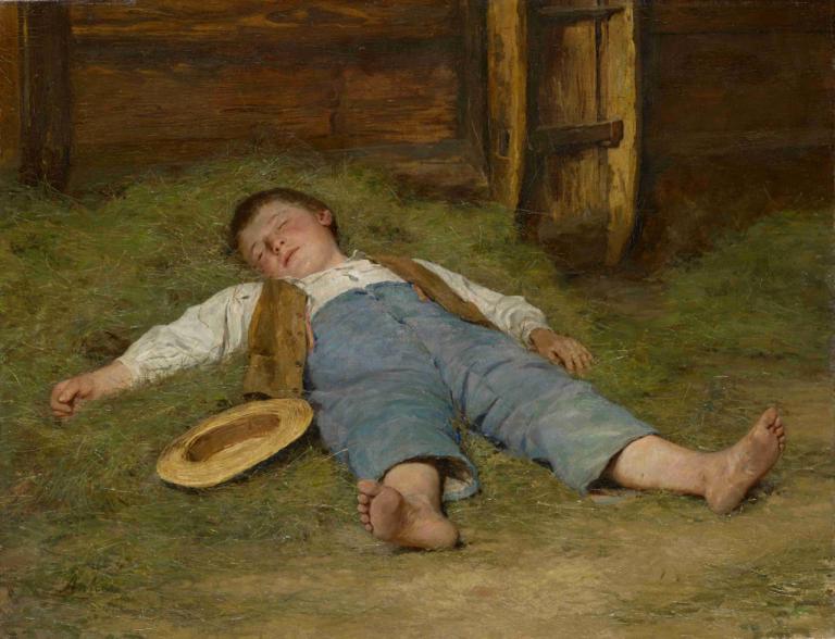 Boy Asleep in the Hay,Albert Anker,Oil Painting,Oil Painting, 1boy, male focus, hat, solo, barefoot, on back