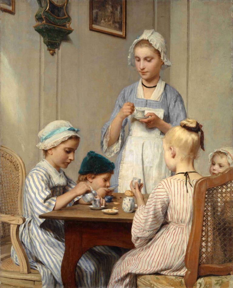 Children at Breakfast,Albert Anker,Oil Painting,Oil Painting, fine art parody, blonde hair, parody