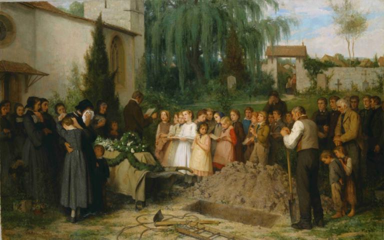 Children funeral,Albert Anker,Oil Painting,Oil Painting, multiple girls, multiple boys, tree, outdoors, dress