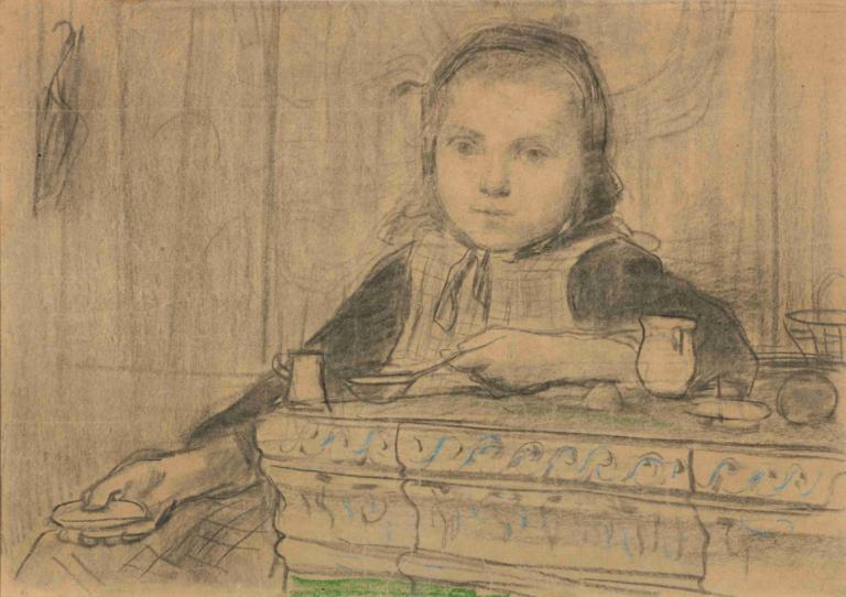 Girl At The Stove [Study],Albert Anker,Sketch,Sketch, solo, fine art parody, 1girl, sketch, traditional media