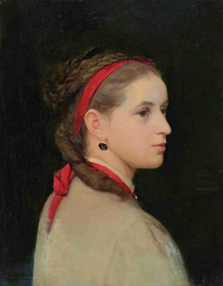 Girl With Red Hair Ribbon,Albert Anker,Oil Painting,Oil Painting, 1girl, jewelry, solo, earrings, braid