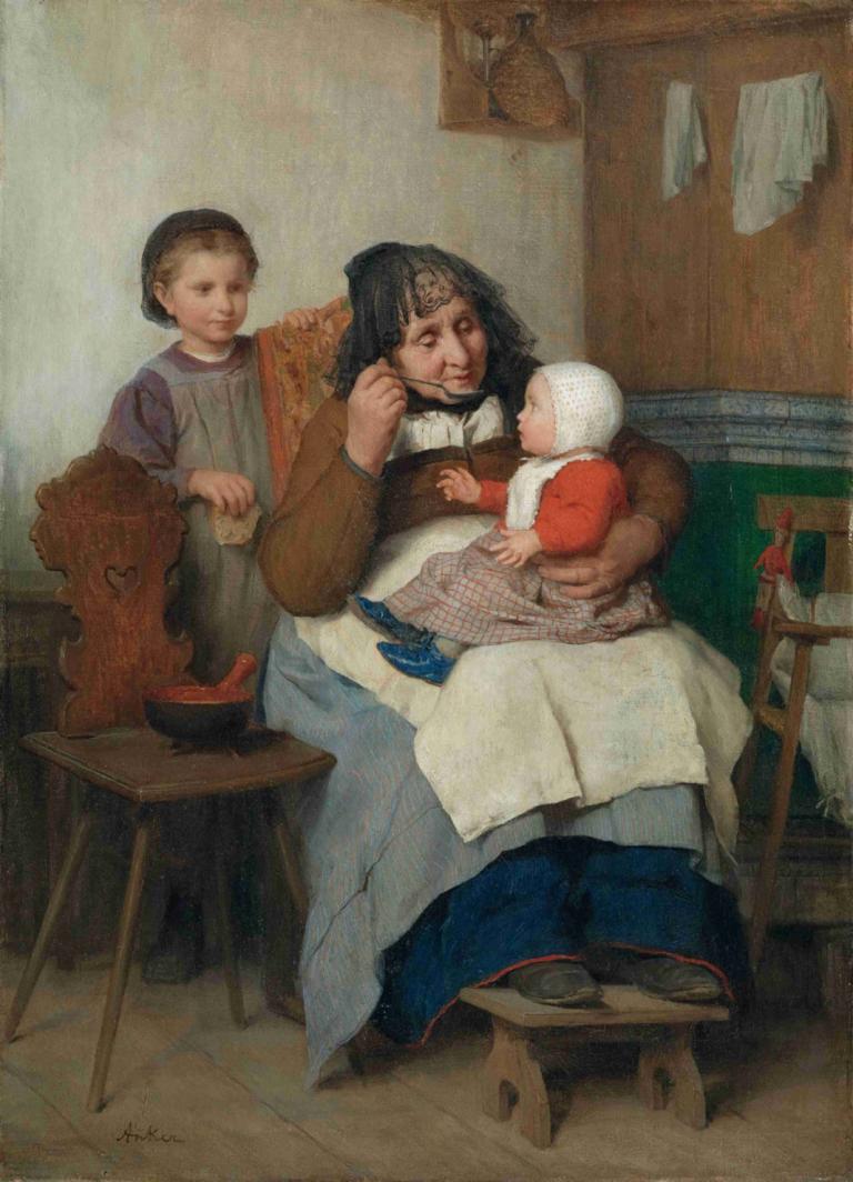 Grandmother Spooning The Soup To Her Grandchild,Albert Anker,Oil Painting,Oil Painting, fine art parody, baby