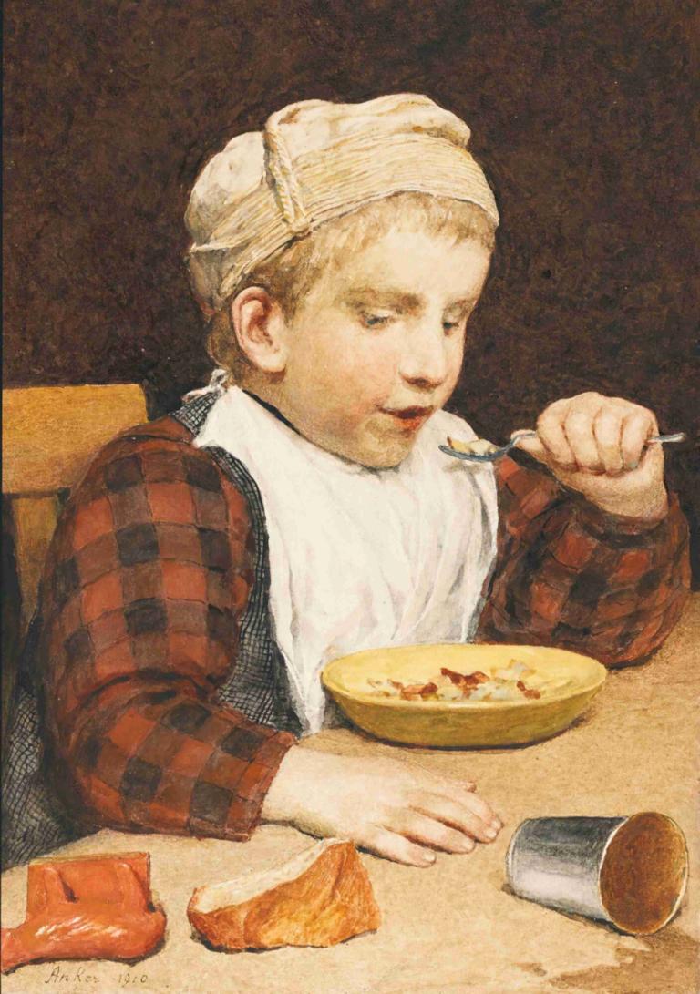 Knabe Mit Mütze Beim Essen,Anak laki-laki dengan topi saat makan,Albert Anker,Lukisan cat minyak