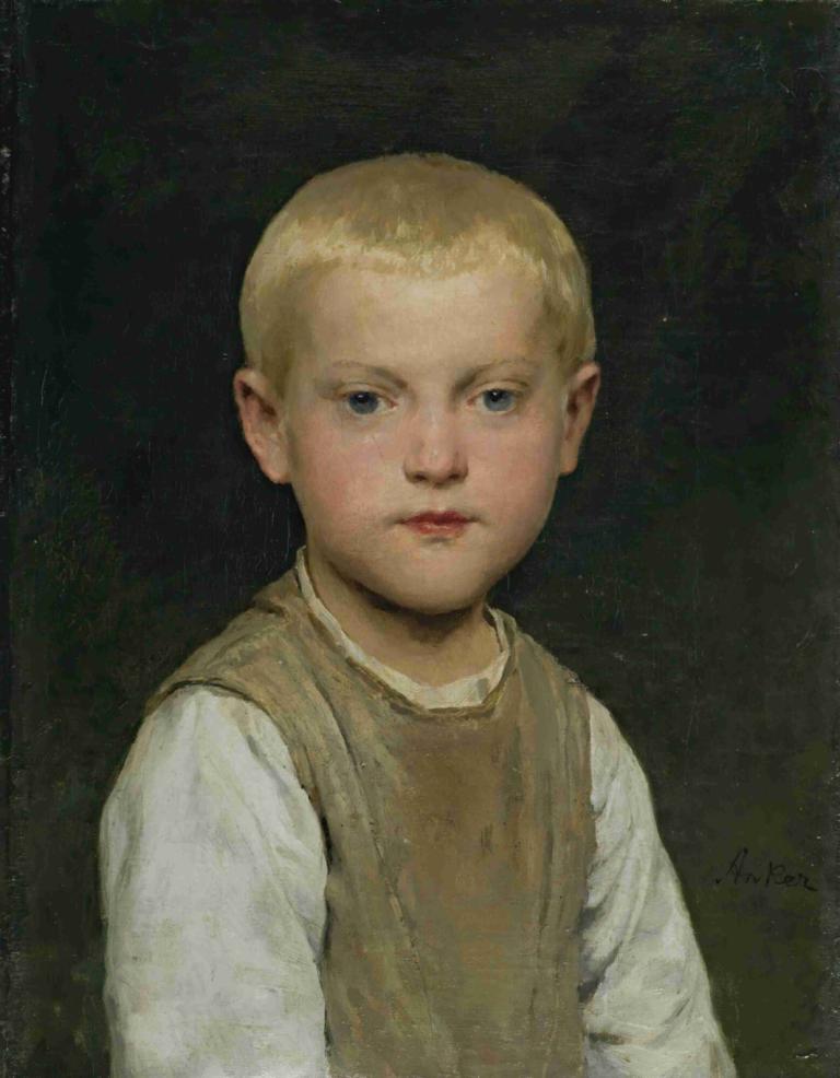 Knabenbildnis [Dr Heiri],Albert Anker,Oil Painting,Oil Painting, solo, blonde hair, 1boy, male focus