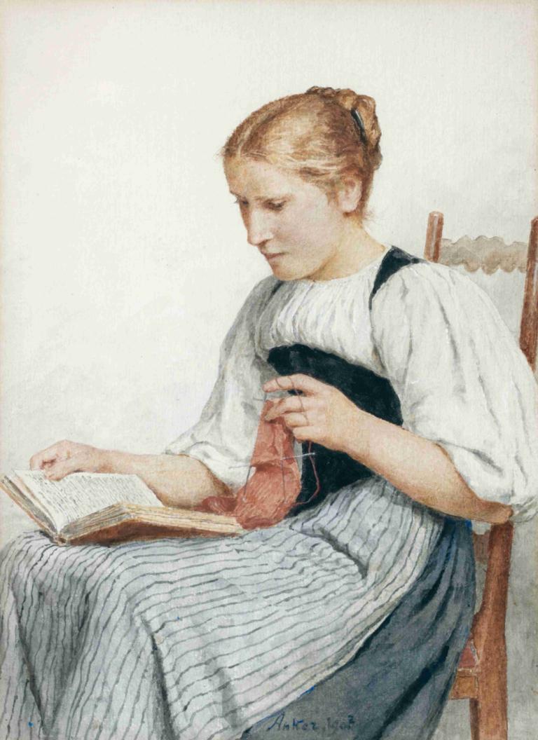 Knitting Girl Reading,Albert Anker,Oil Painting,Oil Painting, 1girl, solo, book, traditional media, sitting