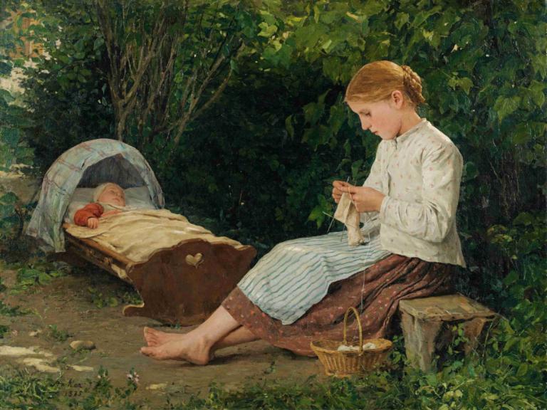 Knitting girl watching the toddler in a cradle,Albert Anker,Oil Painting,Oil Painting, barefoot, blonde hair