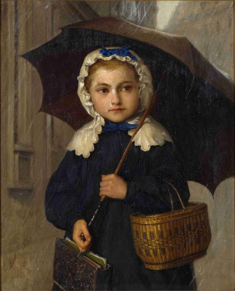 Louise Anker With An Umbrella,Albert Anker,Oil Painting,Oil Painting, solo, umbrella, book, rain, holding