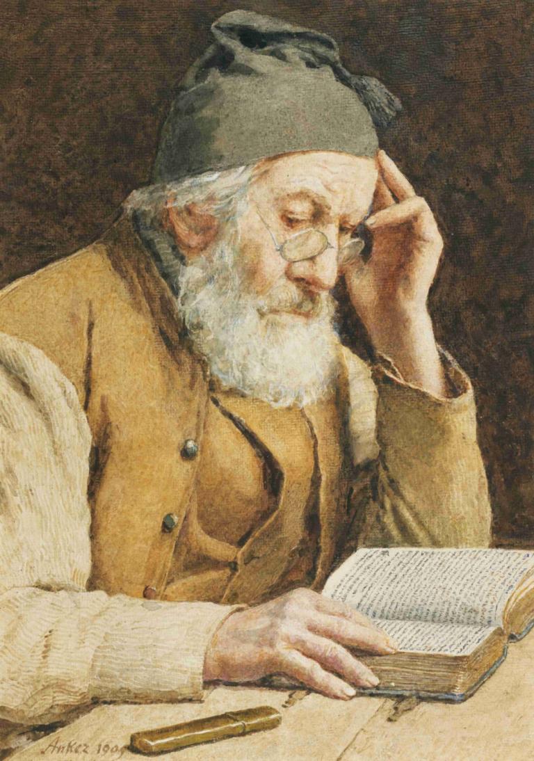 Old Man Reading,Albert Anker,Oil Painting,Oil Painting, solo, 1boy, male focus, old, book, glasses, old man