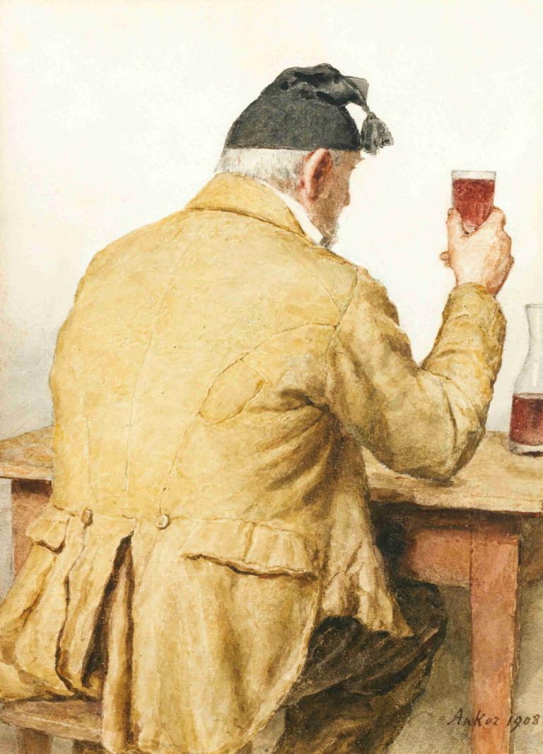 Old Man Sitting At Table, Shown From Behind,Anziano seduto al tavolo, ripreso di spalle,Albert Anker