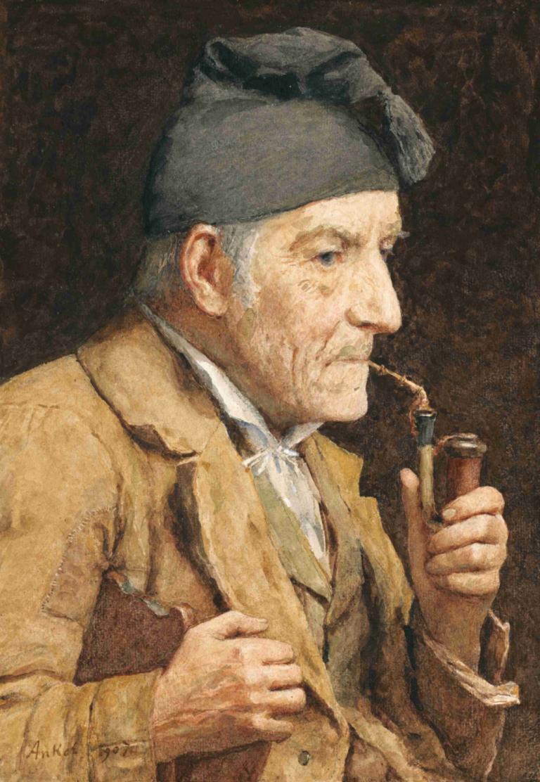 Old Man Smoking His Pipe,Albert Anker,Oil Painting,Oil Painting, 1boy, solo, male focus, old, hat, old man