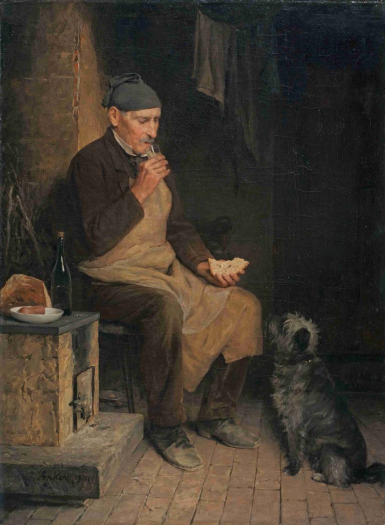 Old Man Taking A Rest,Albert Anker,Oil Painting,Oil Painting, 1boy, male focus, mustache, food, facial hair