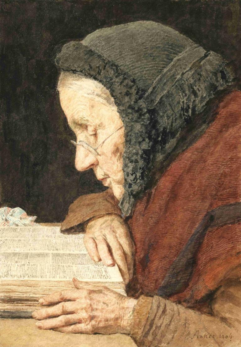 Old Woman Reading The Bible,Albert Anker,Oil Painting,Oil Painting, old, old woman, old man, glasses, solo